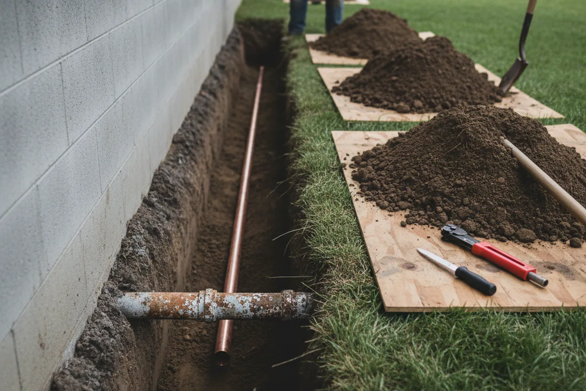 Excavated water line trench during Sewer Line Repair in Westley
